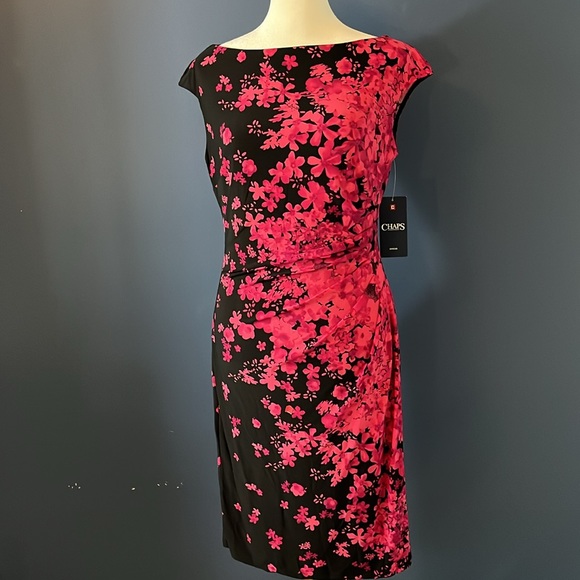 Chaps- Stunning sleeveless black and hot pink floral dress- women's small NWT - Picture 1 of 11